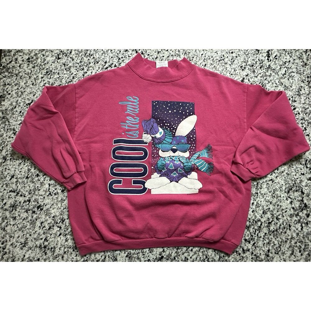 Vintage Sweatshirt Crewneck Cool Is The Rule‎  Snow Bunny 80s Pink OSFM Large